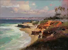 海浪拍岸景观油画图片