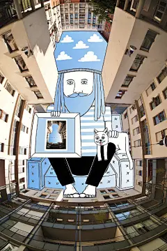 艺术家在普通的生活场景——天井里绘制了无限的想象力与趣味性，cooool