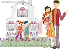 别墅旁温馨的一家五口爸爸|别墅|插画|房子|花朵|花园|卡通|卡通人物|卡通人物图片|妈妈|漫画人物|人物素材|人物图片|矢量人物|温馨一家人|小孩子|小男孩|小女孩