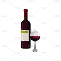 一瓶干红葡萄酒和一只玻璃杯。酒精饮料。平面矢量元素用于酒类商店的促销横幅或海报
