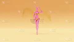 粉红色的金色魔鬼天使有角行走在比基尼上，底部有翅膀形成的小球体温暖的奶油背景正面视图