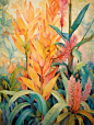 ZZ Plant plant, tropical forest, bohemian style, watercolor oil painting, in the style of layered collage narratives, ambrosius bosschaert, chalk art, phoebe anna traquair, vibrant florals, tightly cropped compositions