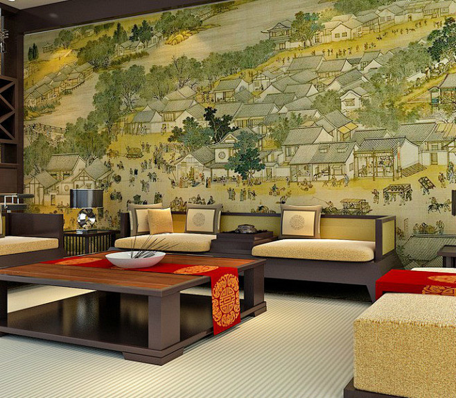 20113中式古典家具带清明上河图图片