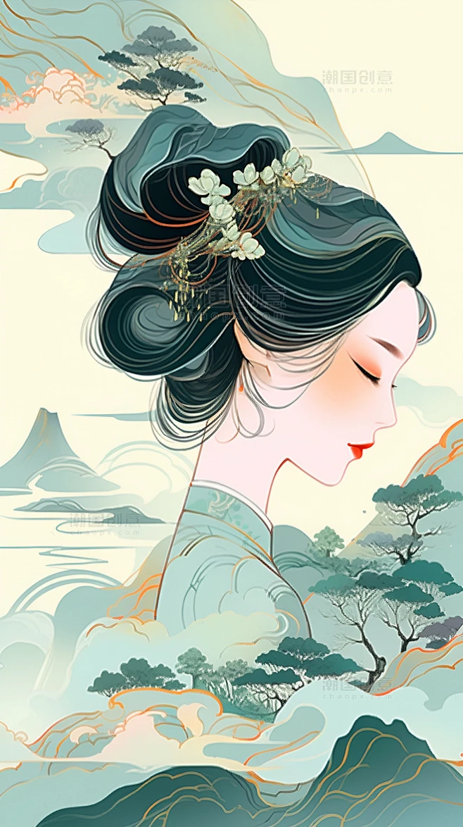 新式淡雅绿色系中国风古风美女人物形象插画-花瓣网