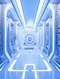 the futuristic image has been placed in a hallway, in the style of white and blue, greeble, tinkercore, adventurecore, minimalist backgrounds, luminous color palette, wlop