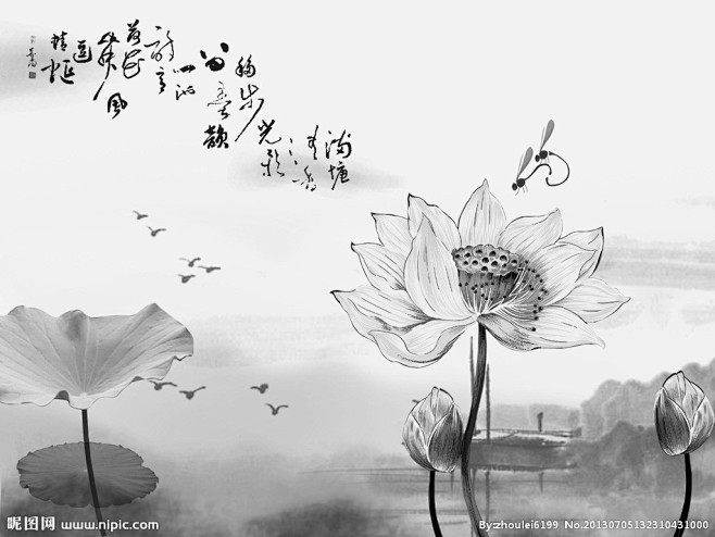 莲花水墨画背景源文件__背景素材_PSD...