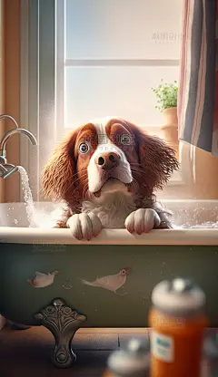 小狗动物浴室洗澡可爱数字作品AI作品数字插画图片_潮国创意