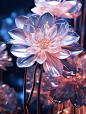 Futuristic flowers, shimmering, translucent, film coating, metallic glass gloss, macro nature photography, cool tones, studio lighting, bright background, super detail, glow, high resolution, 8k