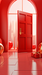 Red door and gold gift and present, in the style of clemens ascher, 3d blender, spatial concept art, yanjun cheng, light-filled compositions, high detailed, interior scenes, cartoon compositions