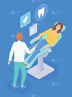 牙科海报，牙医咨询，病人妇女在牙科沙发上，健康的牙齿