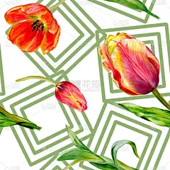 惊人的红色郁金香花与绿叶。手绘植物花。水彩背景插图。无缝模式。织物壁纸打印纹理.