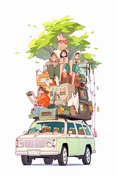 学生放暑假结业出游插画