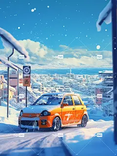 在雪中汽车动态城市海报