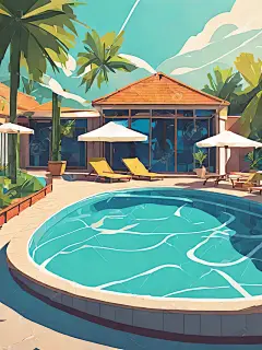 扁平风夏季游泳池插画AI数字艺术