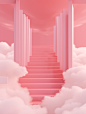 3d photo illustration of the sky. step in the clouds, in the style of pop-inspired installations, pink, neoclassical influences, bryce 3d, minimalist purity, installation-based, dusty piles