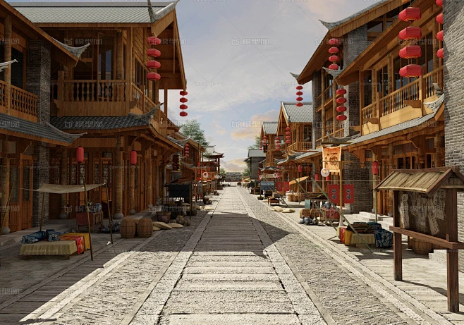 古代集市 古代街景 古代街道繁华场景 摊位商铺酒店客栈 茶馆 茶马集市 清朝集市古代集市 古城街巷-CG模型网（cgmodel)-三维设计师 ...