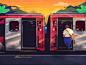 On The Road alone tree landscape sun travel train illustration