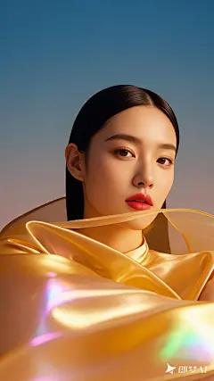 人像写真，145mm，模特看向观众，前景虚化，金色半透明流光绸缎，亚洲年轻女性，皮肤毛孔细腻，逆光，彩色光，面部特写，对比强烈，色彩饱和，皮肤光泽透亮，纯色背景，彩 (4)