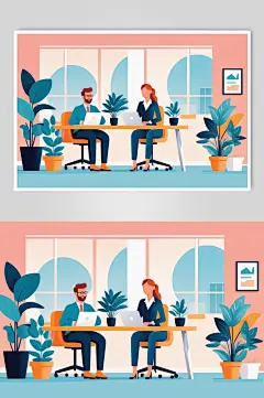 AI数字艺术扁平风商务办公场景插画-众图网