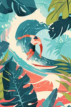 扁平风冲浪清新夏天插画
