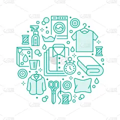 干洗，旗帜插图与平线图标。洗衣服务设备，洗衣机，衣服鞋皮修补，服装，衬衫。圆模板薄线形标志洗衣房海报