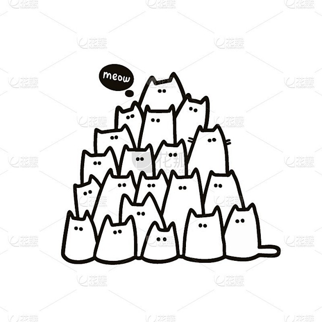 一群黑白相间的小猫。矢量插图涂鸦。