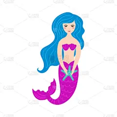 手绘可爱的小美人鱼女孩与海星. 