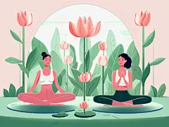 卡通手绘健身节插画夸张想象女士做瑜伽场景植物纯色背景插画海报人物插画运动健身体育