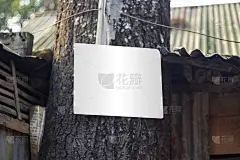 一个白色的小招牌挂着一棵老大树，背景在它后面模糊了。