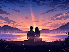 情侣唯美浪漫情人节爱情双人手绘插画温馨氛围感场景海报人物插画