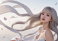 01146--7-a woman,white_background,grey hair,white ribbons fluttering up in the air,beautiful and romantic,curly hair,white petals fall,