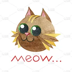 一张有棕色猫的明信片。手绘水彩题词“喵”和插图与一个有趣的疯狂的小猫在白色的背景。用于海报、t恤、纺