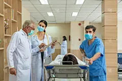 两名白种人医生和急救护士小组在医院轮床上咨询诊断为意外受伤的病人的症状