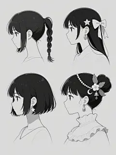 六个不同纯色背景的系列插画集合，每个插画均为日式二次元动漫风格的少女侧脸头像，采用细腻流畅的黑色线条勾勒，带有轻微的灰色阴影渐变表现立体感，角色发型各异（如双马尾、单麻花辫、短发波波头、长直碎发、高丸子头、低盘发），发饰不同（蝴蝶结、星星发夹、丝带、羽毛、珍珠发箍、树叶装饰），耳饰样式多样（铃铛、星星、水滴、花朵、爱心、月亮形状），服饰领口设计各具特色（圆领、V领、立领、荷叶边领、方领、高领），所有插画保持统一的线条风格、侧脸视角和规整的排布方式，整体呈现简洁清新的二次元线稿美感。