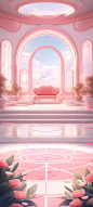 3d backdrop for your anime girl scene pink aw, in the style of architectural compositions, rich tonal palette, daz3d, light orange and white, coastal scenes, rococo interiors, asymmetric compositions