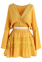 Exceedingly Faddish Crop Top and Skirt Set in Yellow : Who says there has to be a festival going on for you to serve up festival chic? Step out in this boho style skirt and crop top with its flared sleeves and sunshine yellow hue. 

- Embroidery and lace 