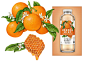 Illustrations of a branch of oranges and a honeycomb used on packaging.