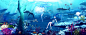 #海#　动漫高清大图　海底Anime 5894x2404 Vocaloid Hatsune Miku long hair twintails skirt ribbon white dress underwater coral fish crabs statue manta rays whale anime girls anime