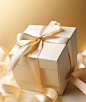 A package that is wrapped in ivory with a white ribbon, in the style of golden light, hideyuki kikuchi, matte photo, precisionist style, monochromatic scheme, light yellow and light gold, quadratura