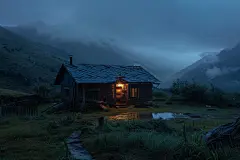 林中小木屋傍晚夜景