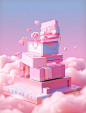 A doll in a pink box sitting on top of a sky, in the style of voxel art, playful genre scenes, classic still life compositions, candycore, award-winning, storybook illustrations, cute and colorful