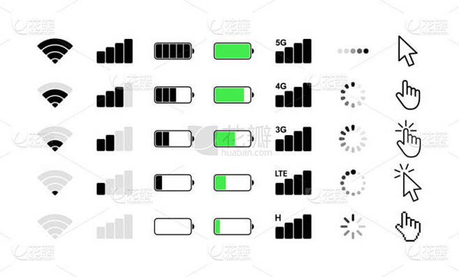 手机系统图标。Wifi 信号强度、电池充电电量、加载、下载、光标。矢量插图.