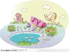 卡通插画-公园里的台灯手提包和喷泉