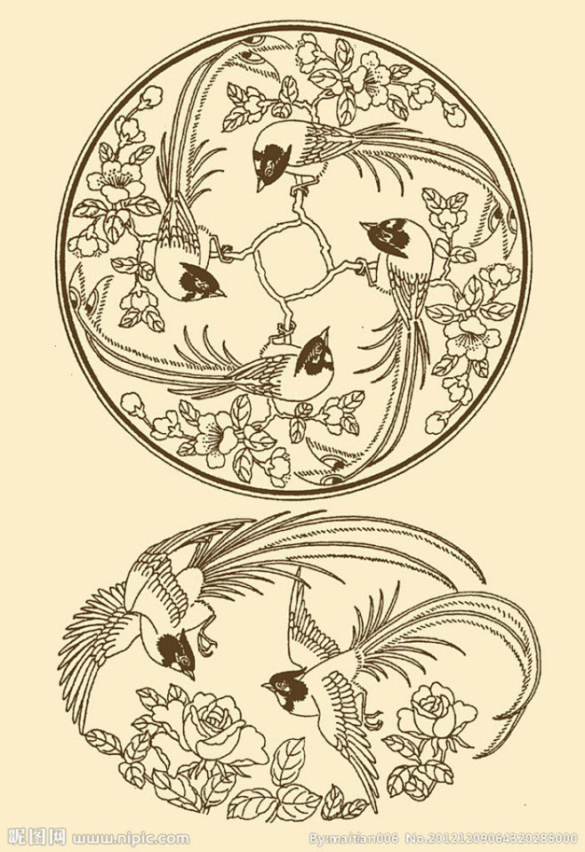 中国纹样 绶带鸟大图 点击还原