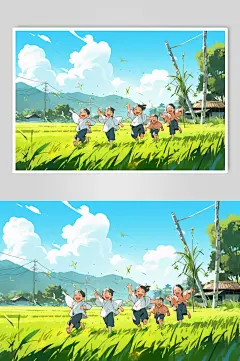 AI数字艺术小孩郊游插画-众图网