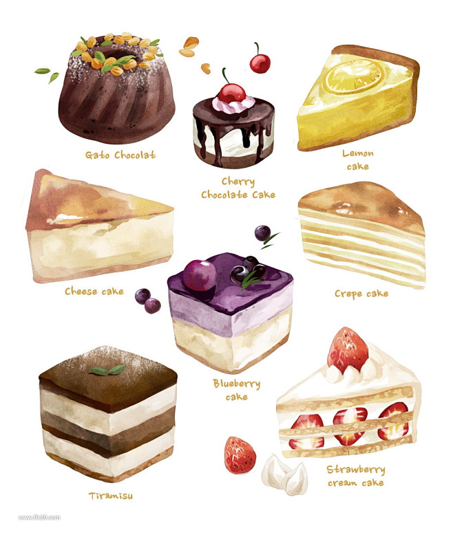 水果点心小蛋糕奶油面包甜甜圈元素美食插画