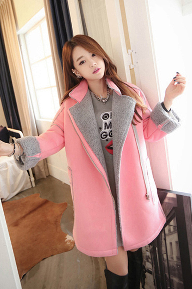 韩版粉色加厚羊羔毛外套