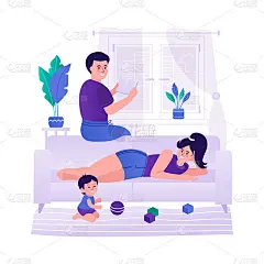 有孩子在家放松的家庭。家人花时间在一起。呆在家里。矢量图