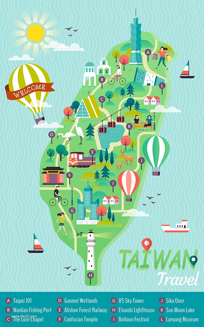 台湾地图旅游美食动物小吃建筑游玩风景插画