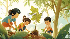 创意卡通种树栽树植树节小朋友栽树插画10